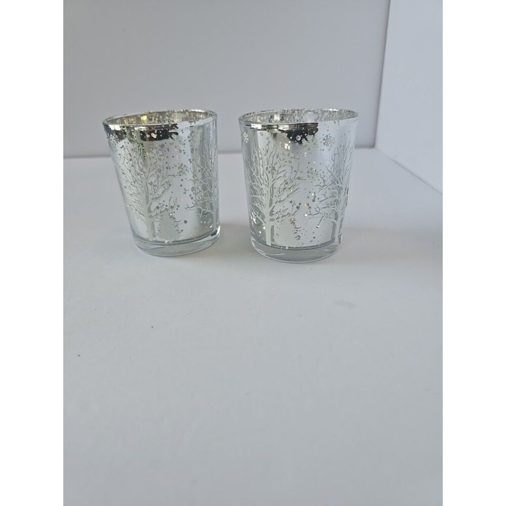 Set of 2 Glass Candle Holders Silver White Winter Woodland Tree Floral Decor.